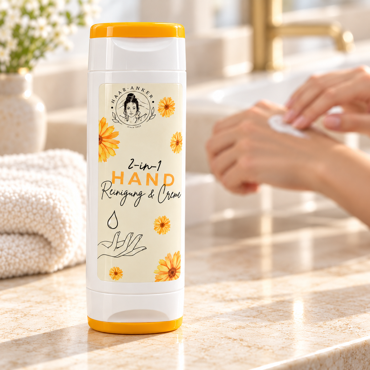 2in1 Handreinigung & Creme im hellen Badezimmer, mit Anwendung im unscharfen Hintergrund