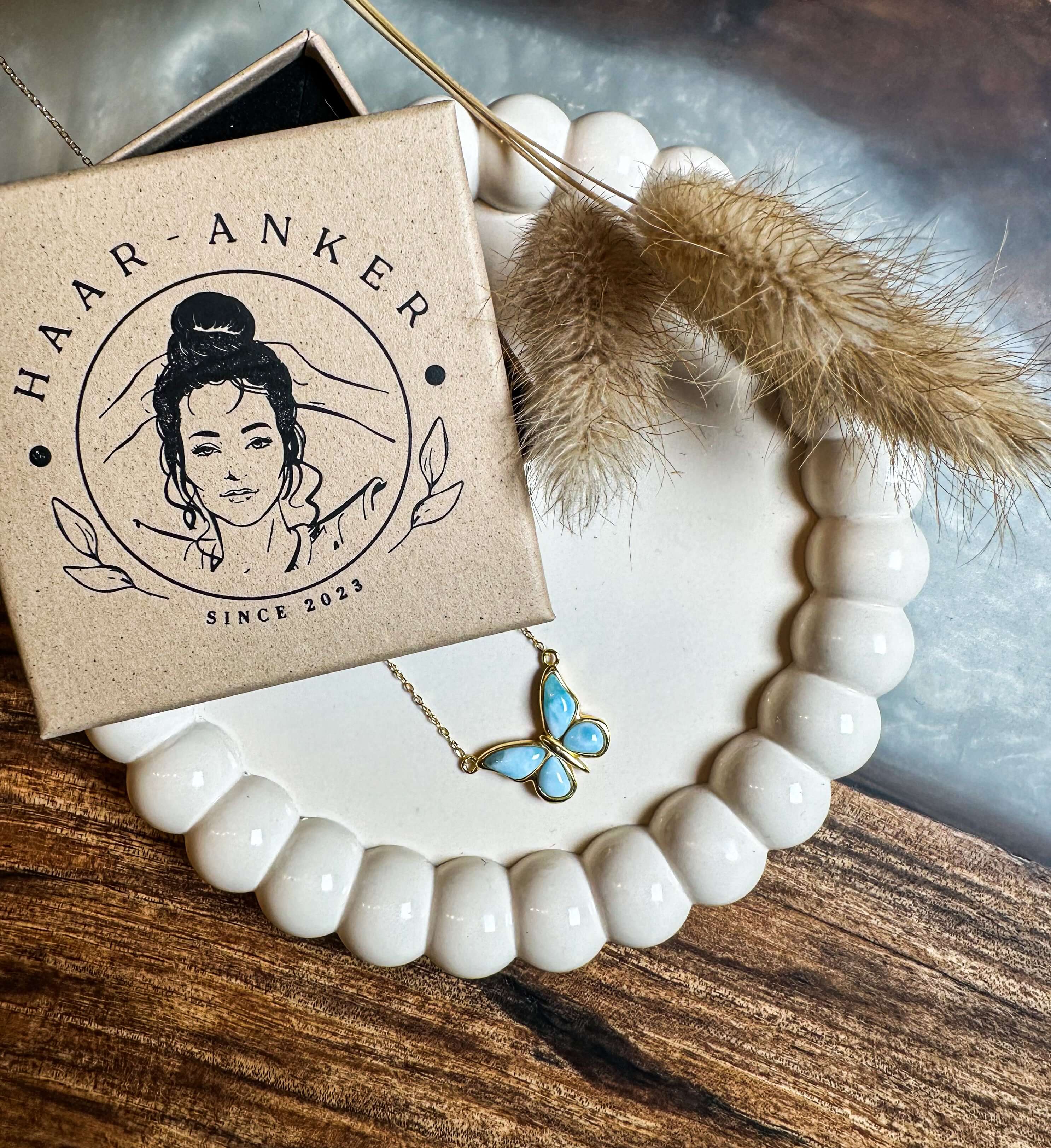 Larimar Schmetterling Gold | Halskette | HAAR-ANKER.DE