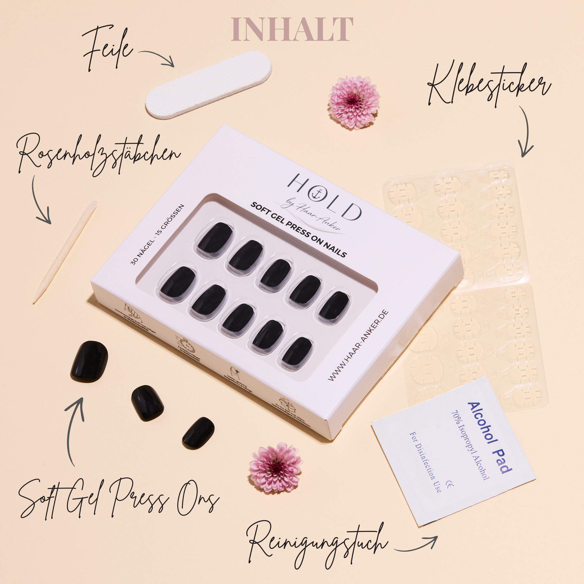 'Pure Black' Soft Gel Press Ons | Short Round