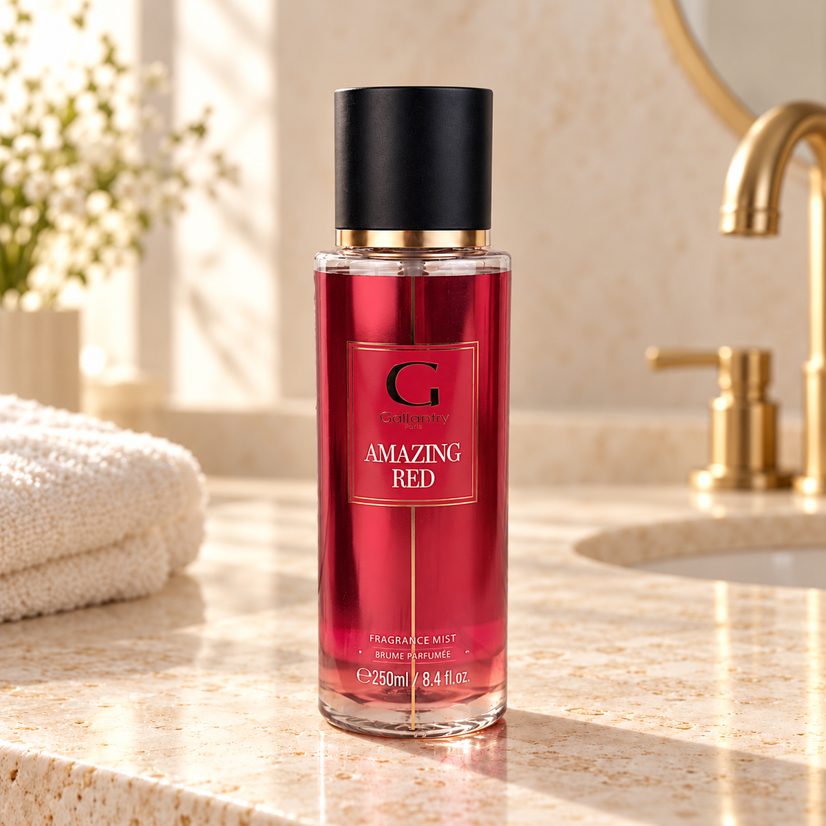 Amazing Red Bodyspray 250 ml im hellen Badezimmer