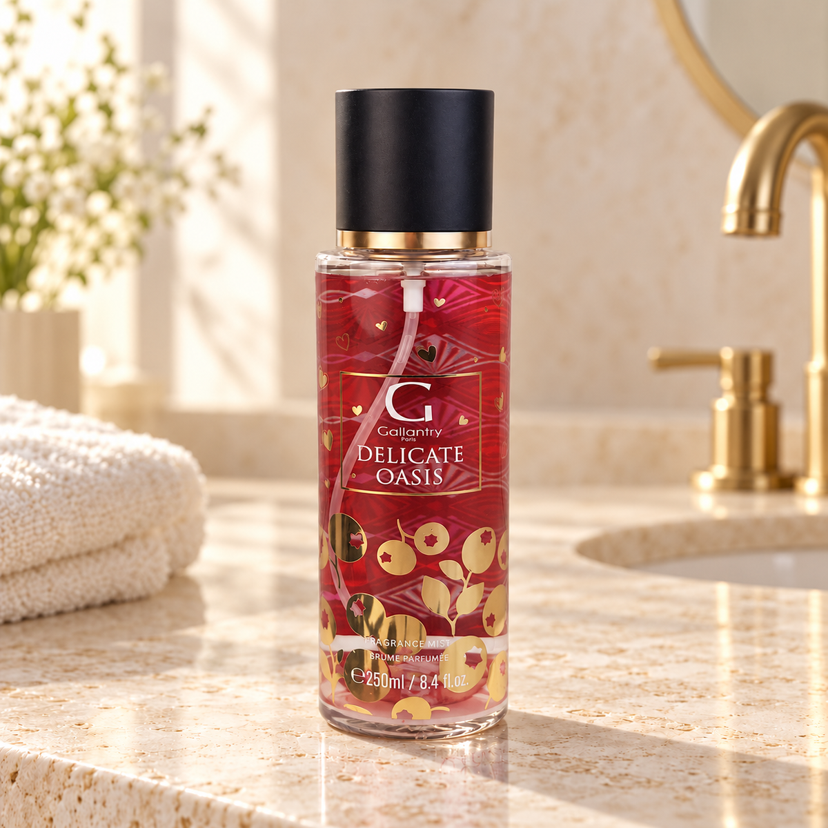 Delicate Oasis Bodyspray 250 ml im hellen Badezimmer