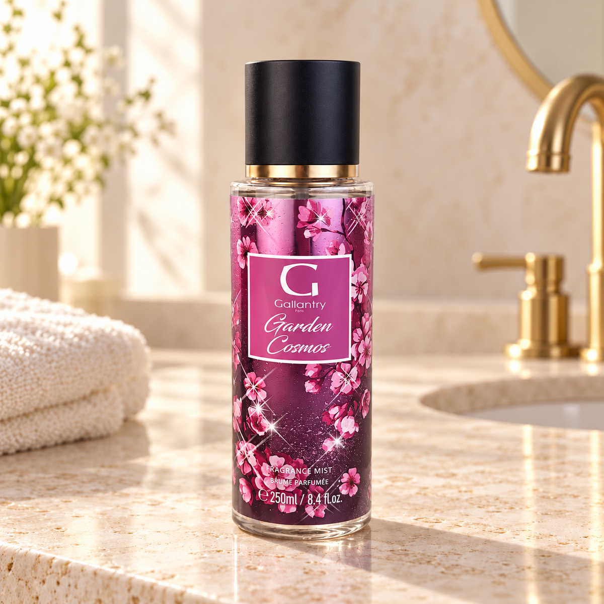 Garden Cosmos Bodyspray 250 ml im hellen Badezimmer