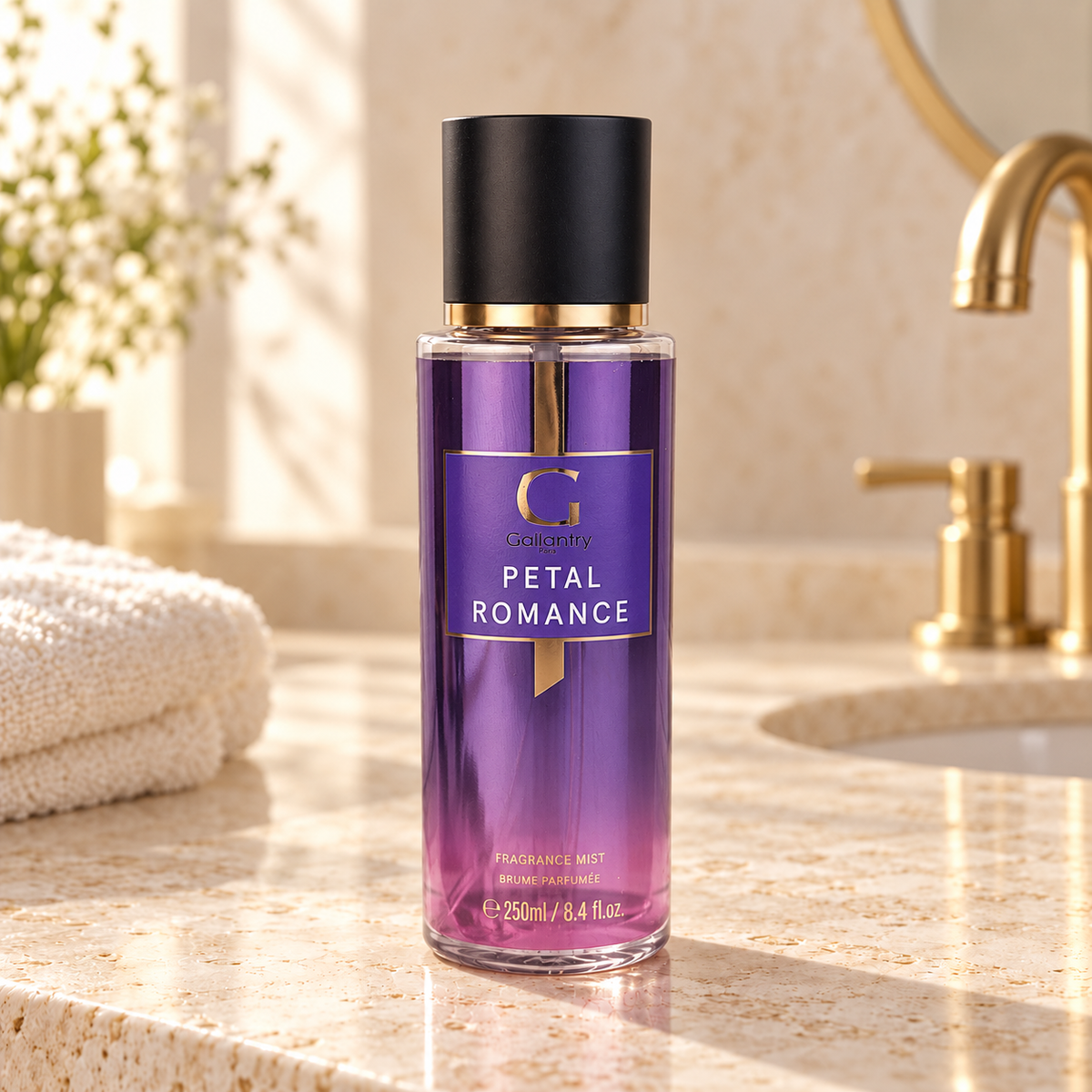 Petal Romance Bodyspray 250 ml im hellen Badezimmer