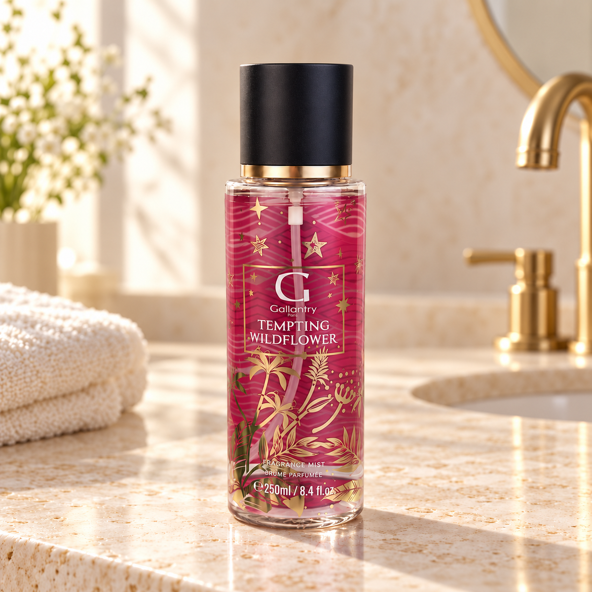 Tempting Wildflower Bodyspray 250 ml im hellen Badezimmer