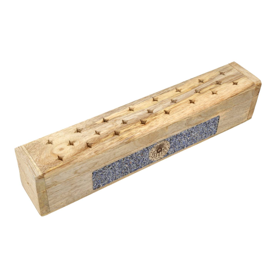 Räucherbox aus Mangoholz mit Sodalith-Steinchen und graviertem Allsehenden Auge