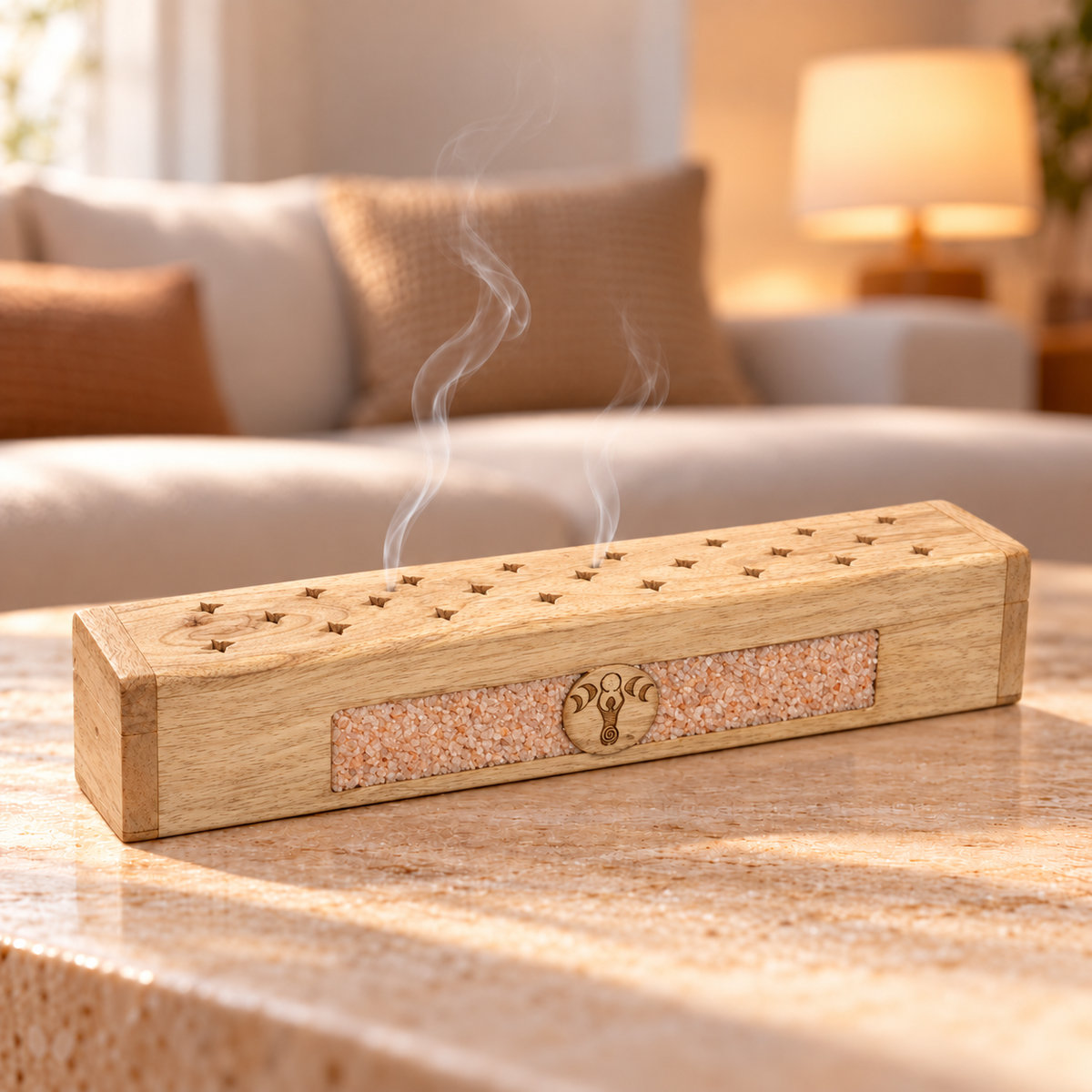Räucherbox Göttin und Mondphasen mit Pfirsichmondstein auf hellem Couchtisch mit feinem Rauch im gemütlichen Wohnzimmer