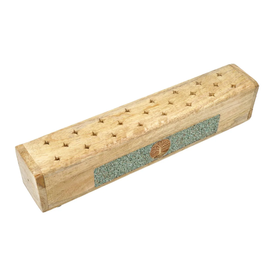 Räucherbox aus Mangoholz mit grünen Amazonit-Steinchen und goldfarbenem Lebensbaum