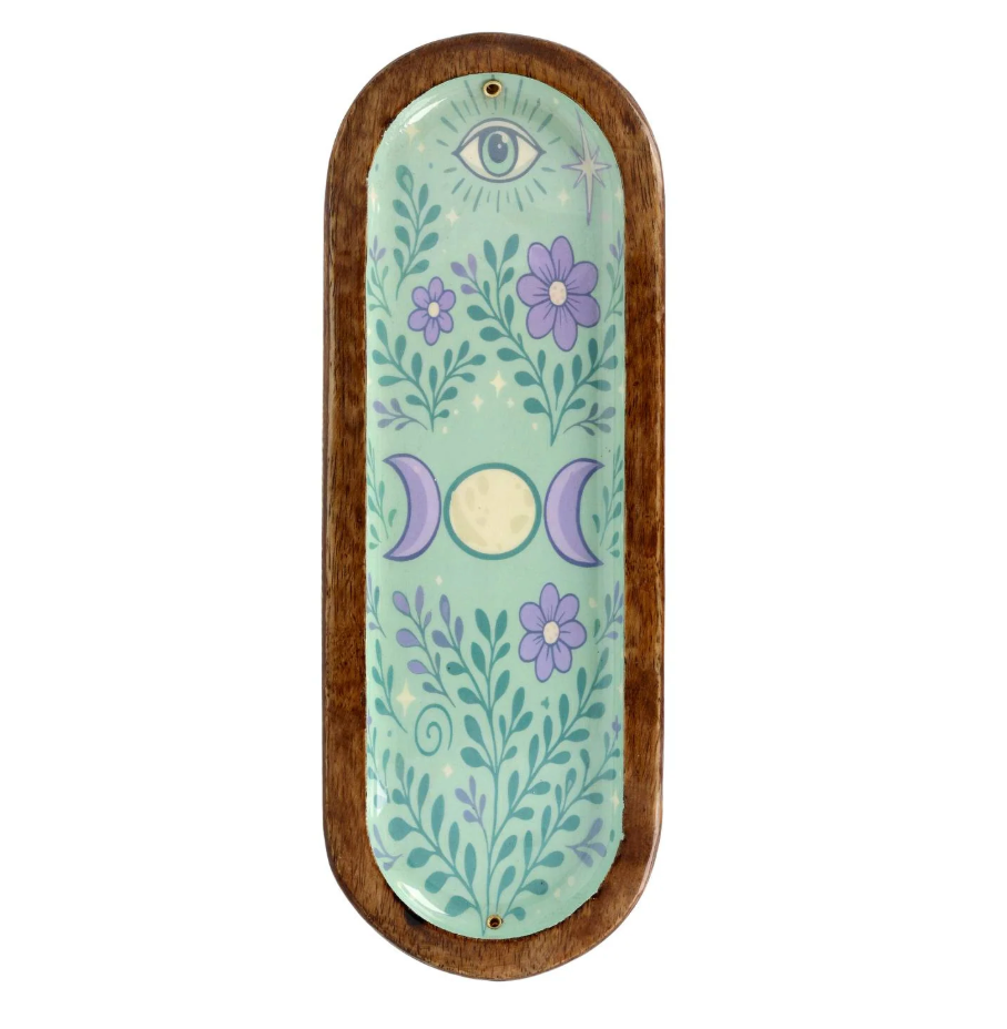 Räucherstäbchenhalter aus Mangoholz mit türkisem Dreifachmond-Motiv, Blumen und Blattranken in der Draufsicht