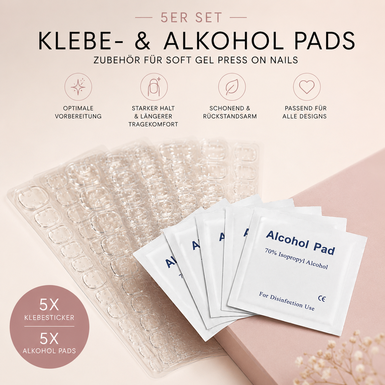 5er Set 'Klebe- & Alkohol Pads' | Soft Gel Press On
