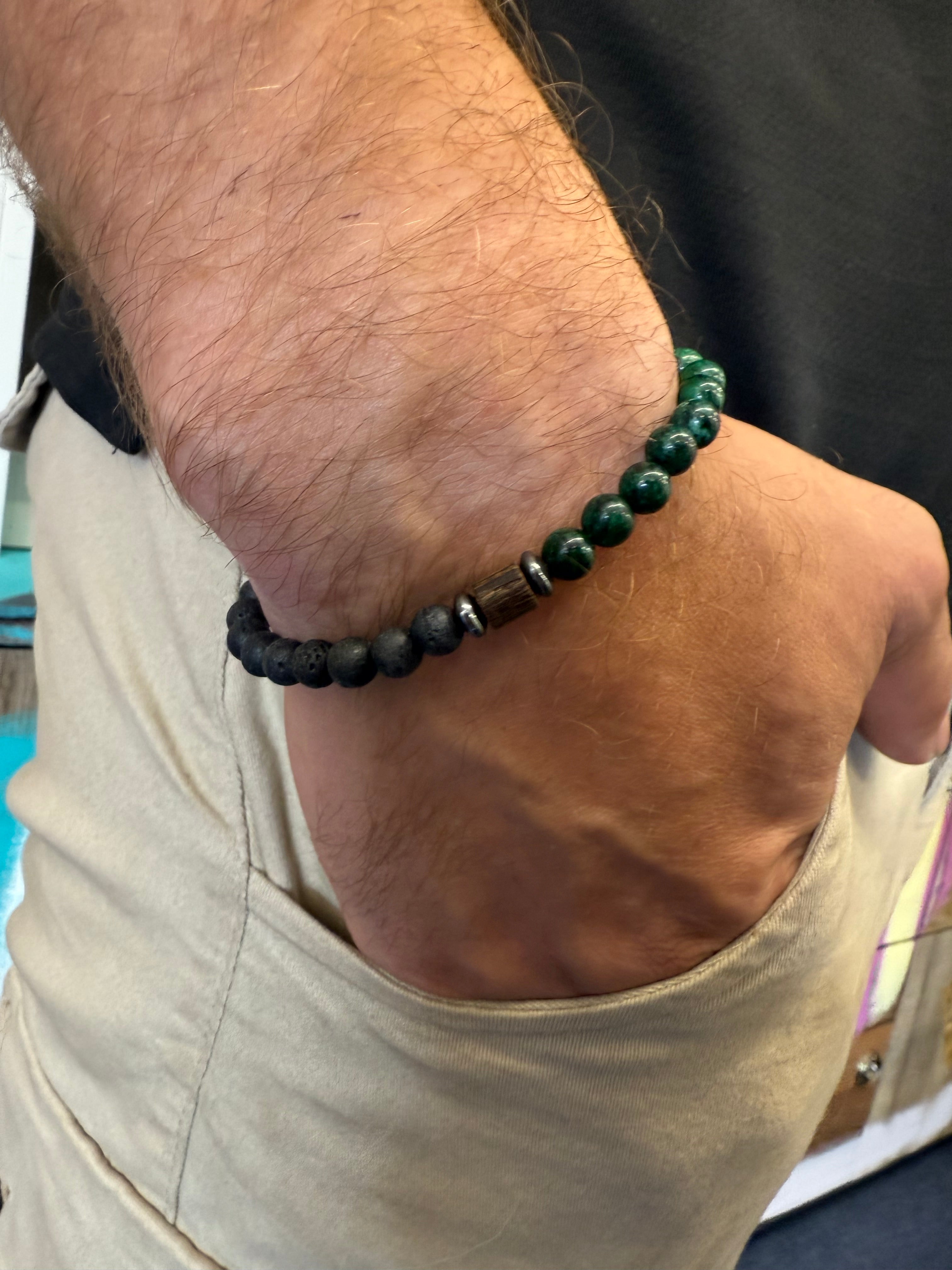 Moosachat-Lavastein mit Holz | Männerarmband