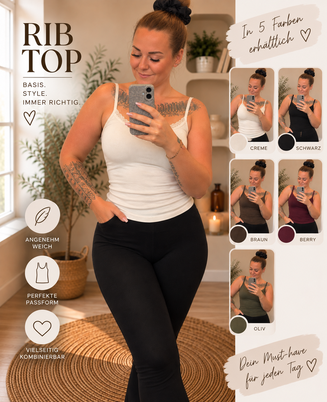 Basic-Top Spitze aus Bambus verschied. Farben | Shirt
