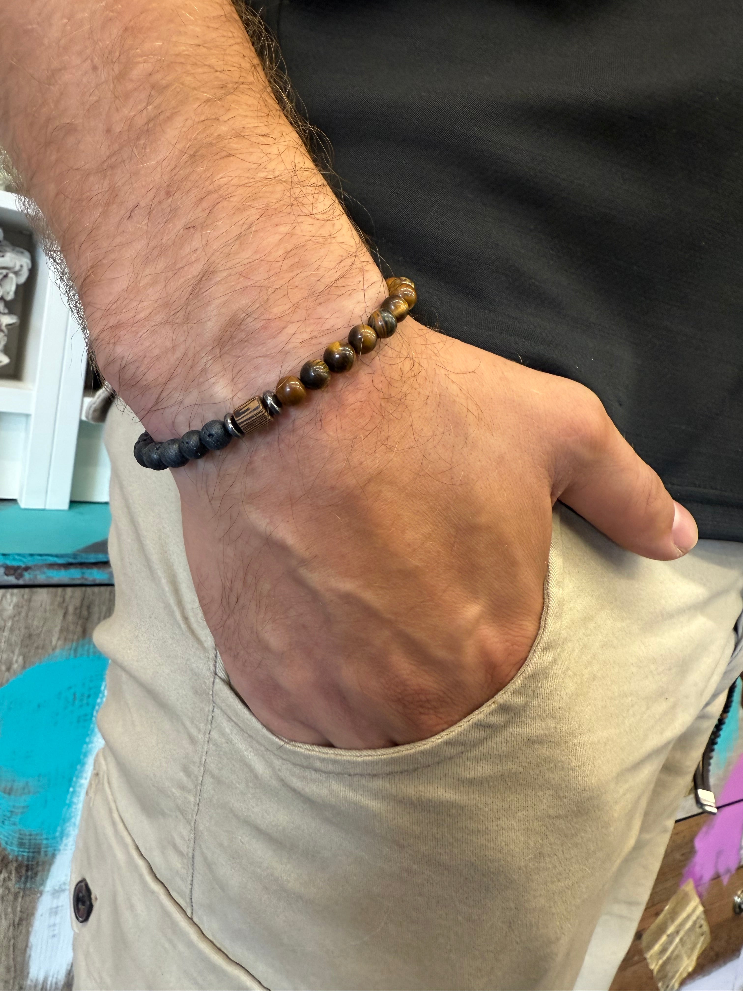 Tigerauge-Lavastein mit Holz | Männerarmband
