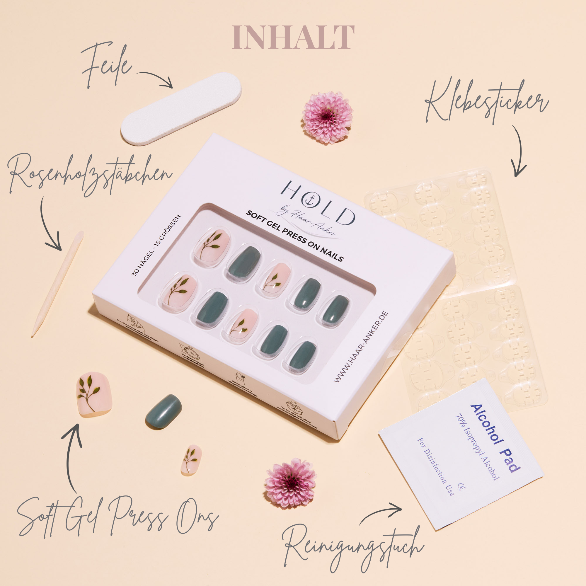 'Sage Blossom' Soft Gel Press Ons | Short Square