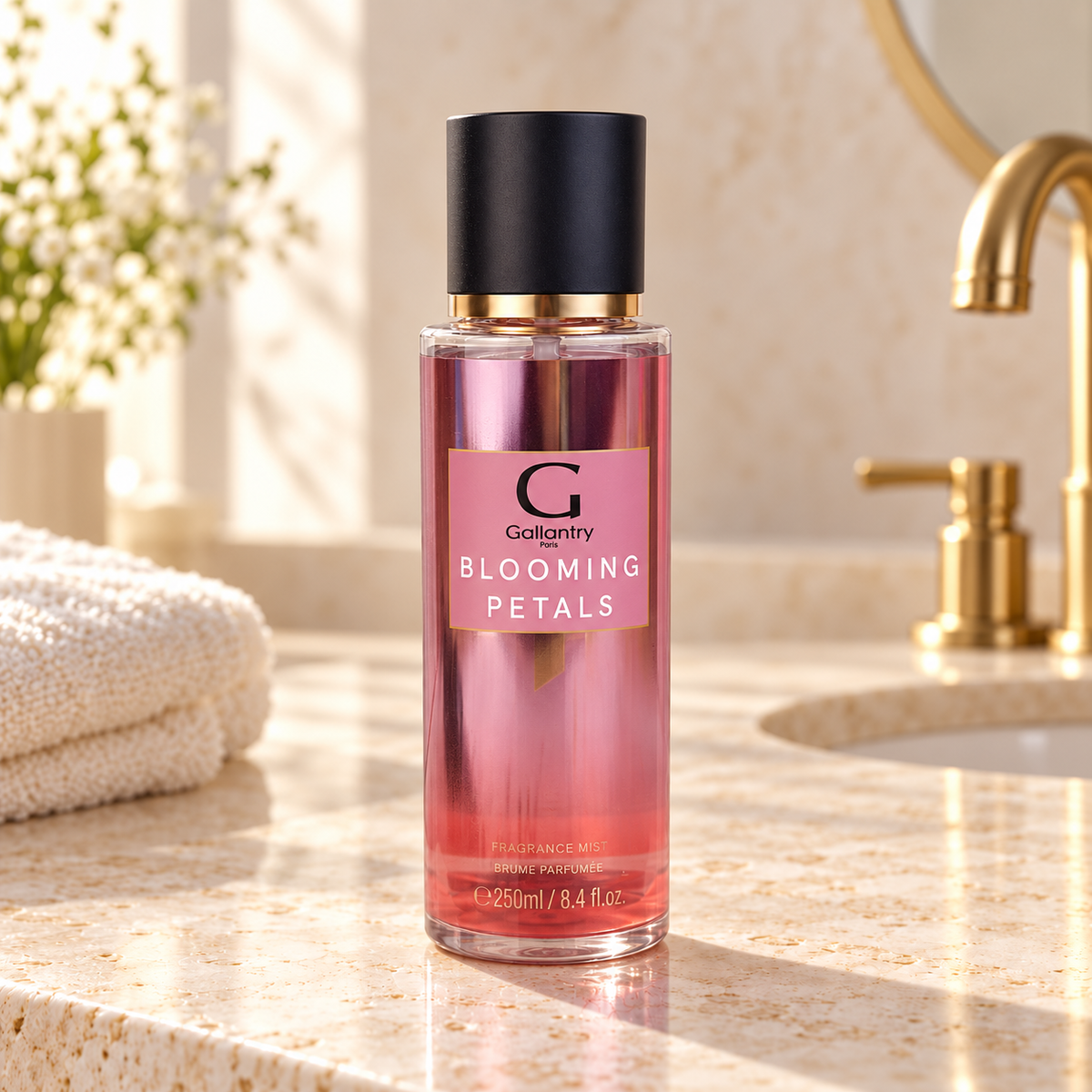 Blooming Petals Bodyspray 250 ml im hellen Badezimmer