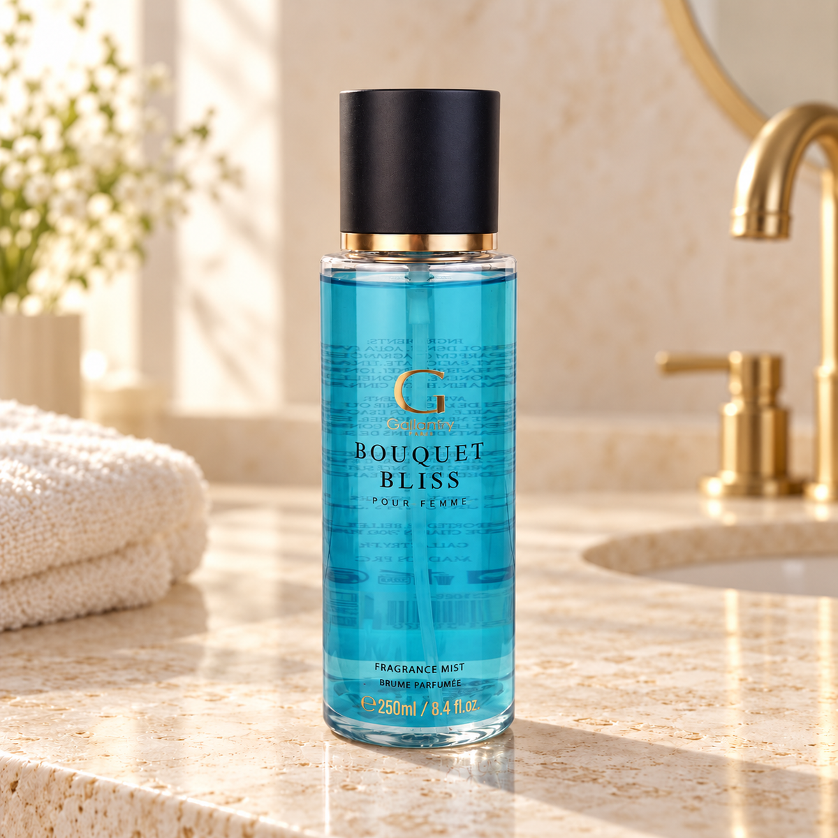 Bouquet Bliss Bodyspray 250 ml im hellen Badezimmer