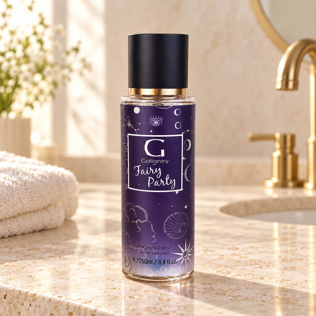 Fairy Party Bodyspray 250 ml im hellen Badezimmer
