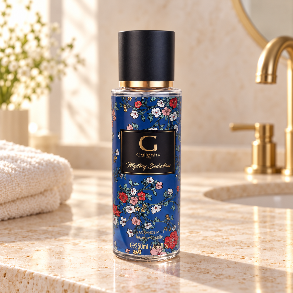Mystery Seduction Bodyspray 250 ml im hellen Badezimmer