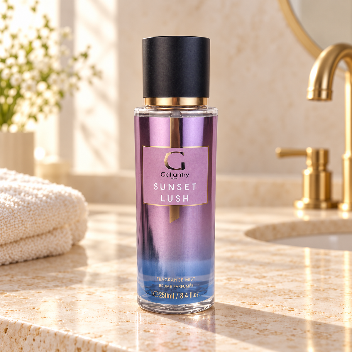 Sunset Lush Bodyspray 250 ml im hellen Badezimmer