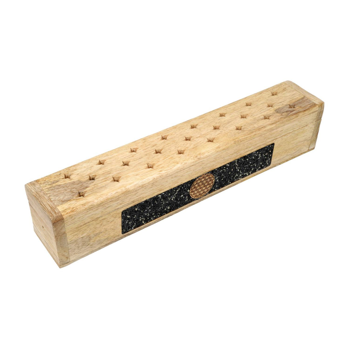Räucherhalter und Aufbewahrungsbox aus Mangoholz mit schwarzem Turmalin und Blume des Lebens