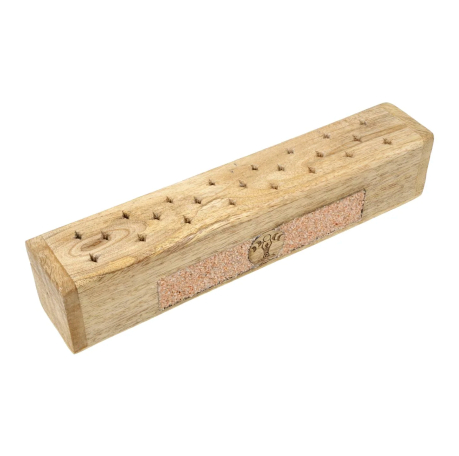 Räucherbox aus Mangoholz mit Pfirsichmondstein und Göttin-Mondphasen-Motiv