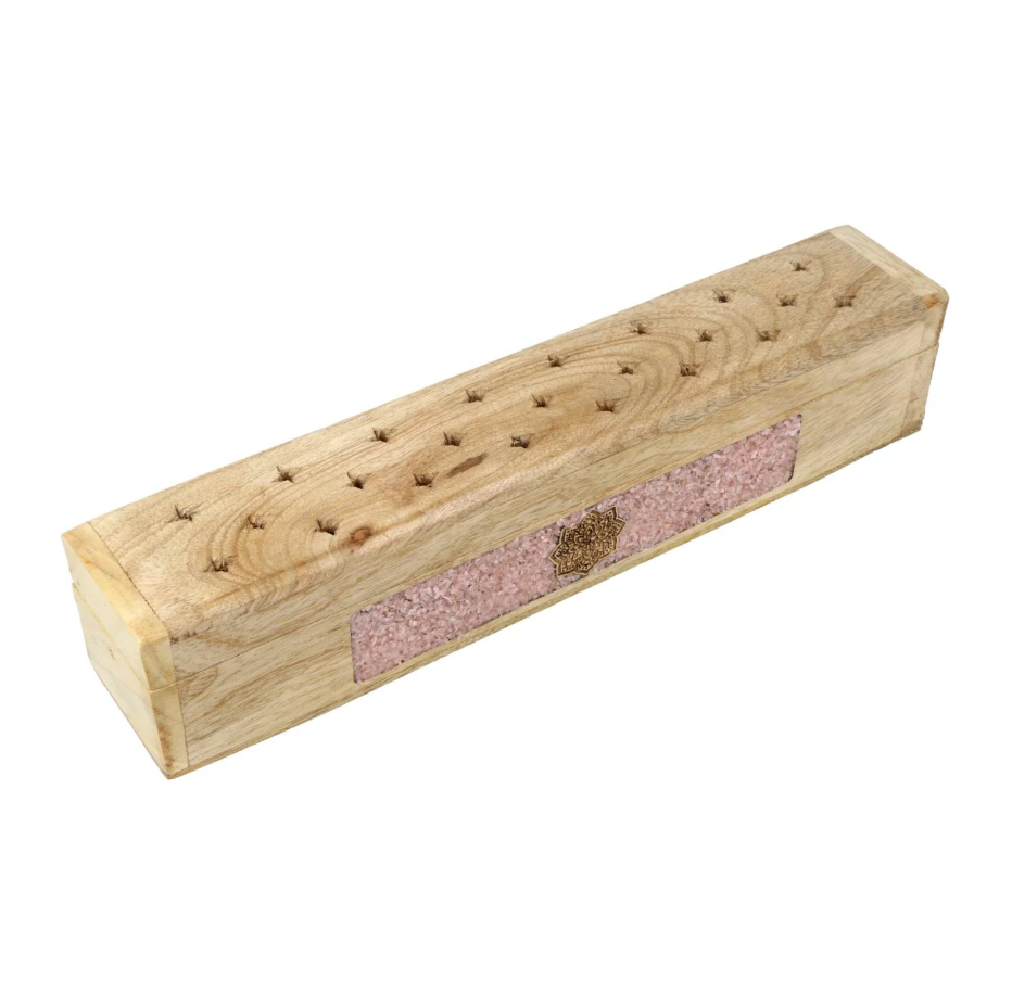 Räucherbox aus Mangoholz mit rosa Rosenquarz-Steinchen und goldfarbenem Mandala-Motiv