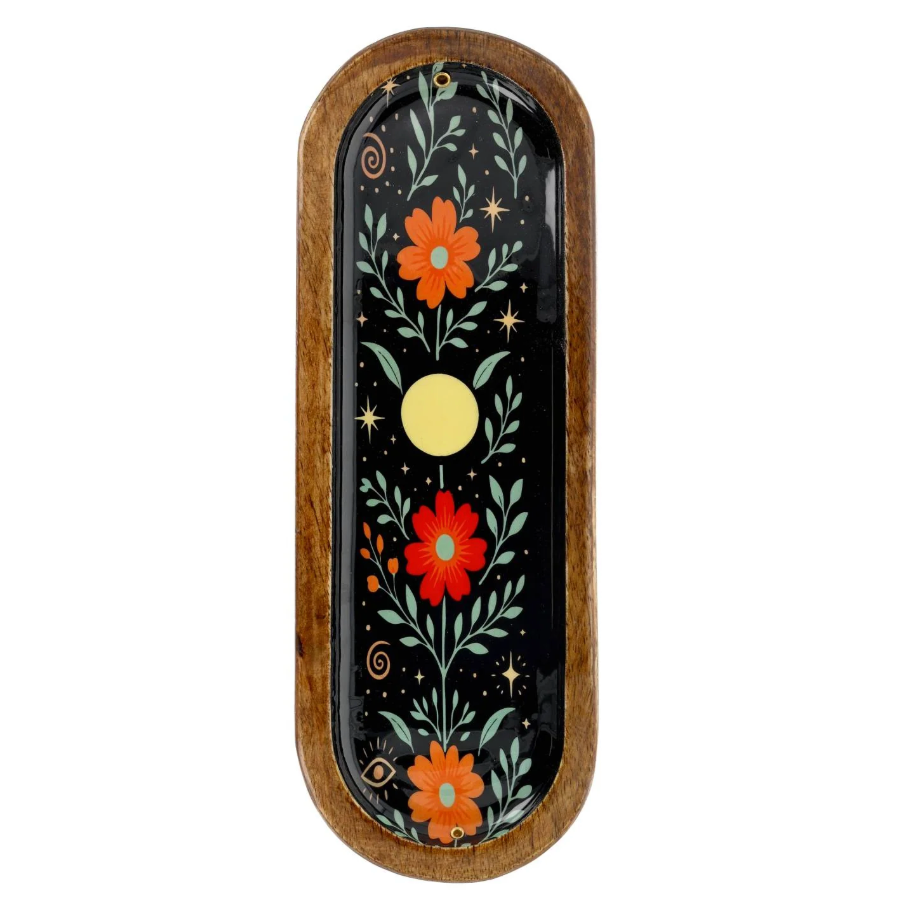 Räucherstäbchenhalter aus Mangoholz mit schwarzer, glänzender Fläche, Blumen und Mondmotiv in der Draufsicht