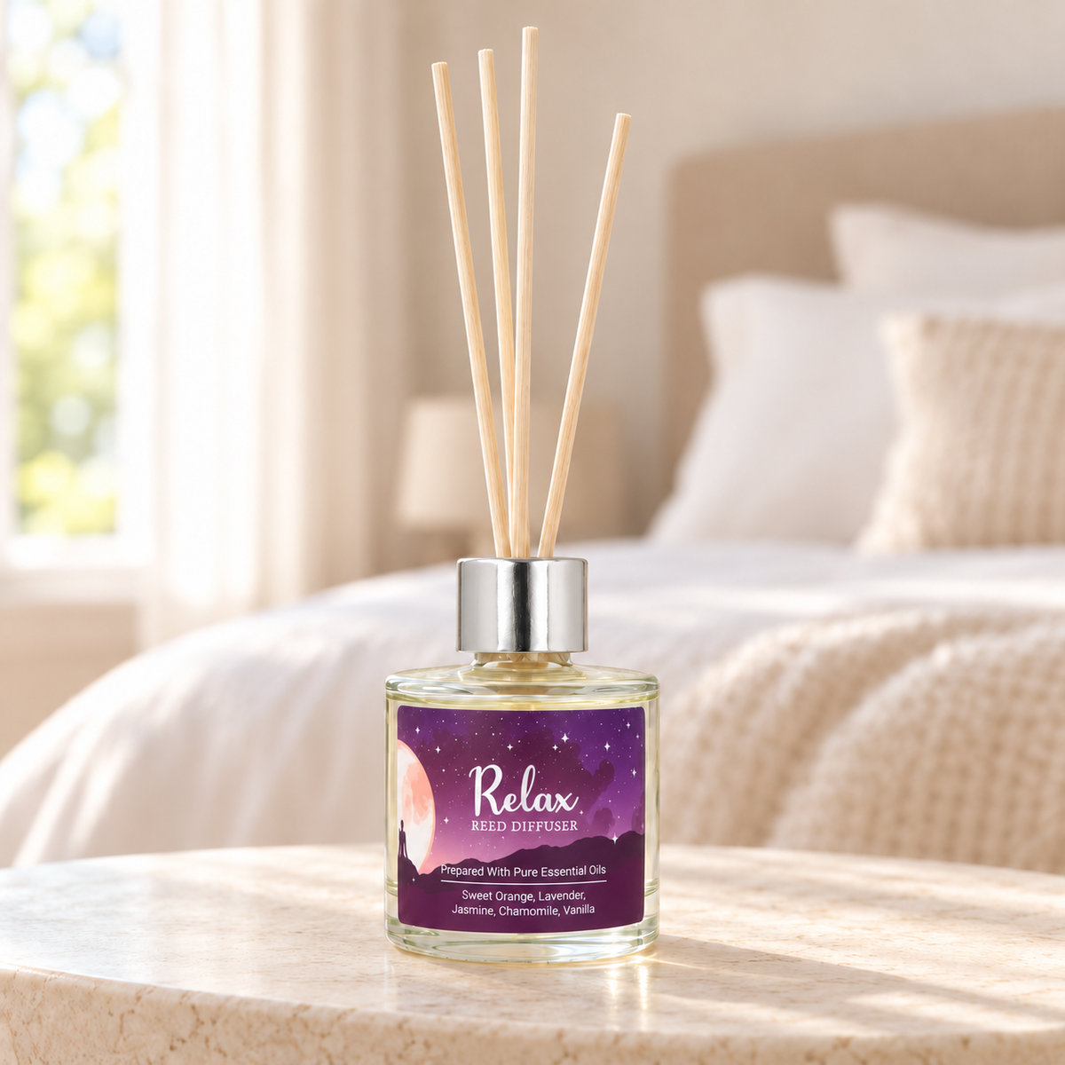 Relax Duftstäbchen 50 ml in hellem Setting mit weich verschwommenem Schlafzimmer