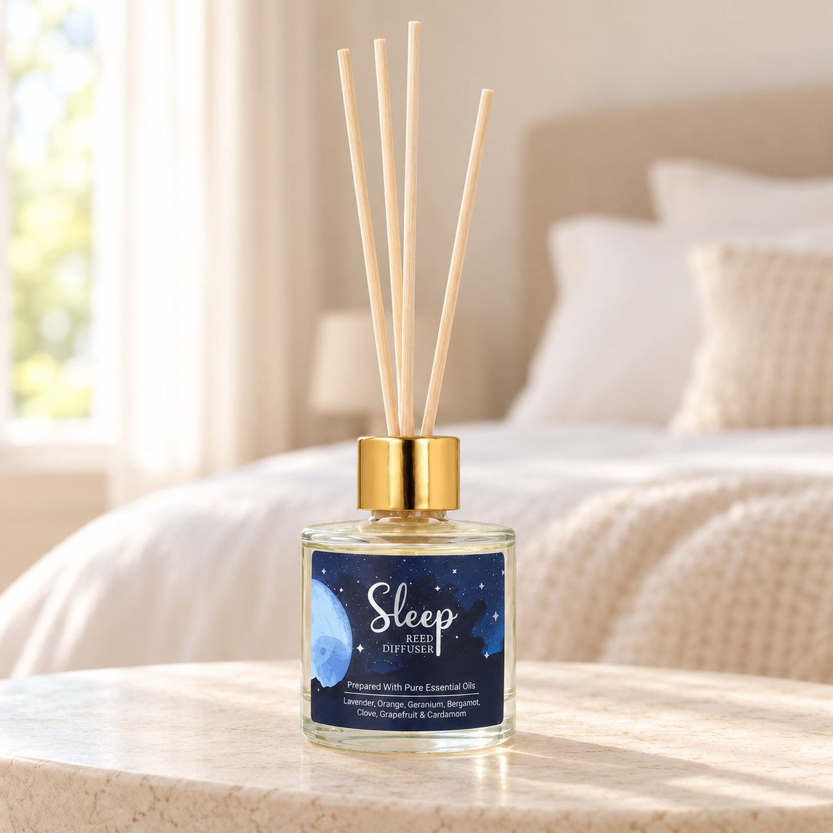 Sleep Duftstäbchen 50 ml in hellem Setting mit weich verschwommenem Schlafzimmer